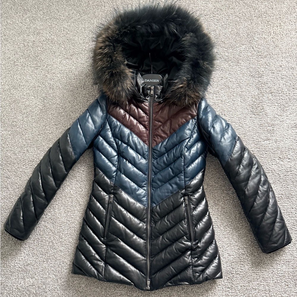 Danier Black, Blue, and Burgundy Puffer Jacket with Fur Hood